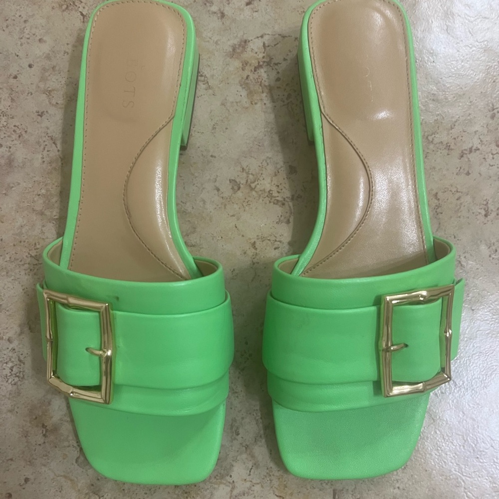 Talbots Green Mules with Square Buckle Detail